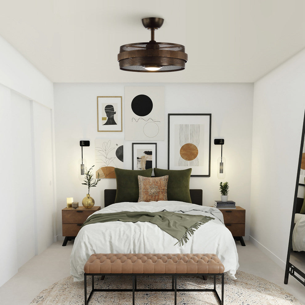 21 in Indoor Bronze Gold Farmhouse Rattan Caged Ceiling Fan With Remote Kit