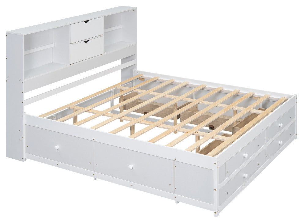 Gewnee King Size Platform Bed with Storage Headboard and 8 Drawers