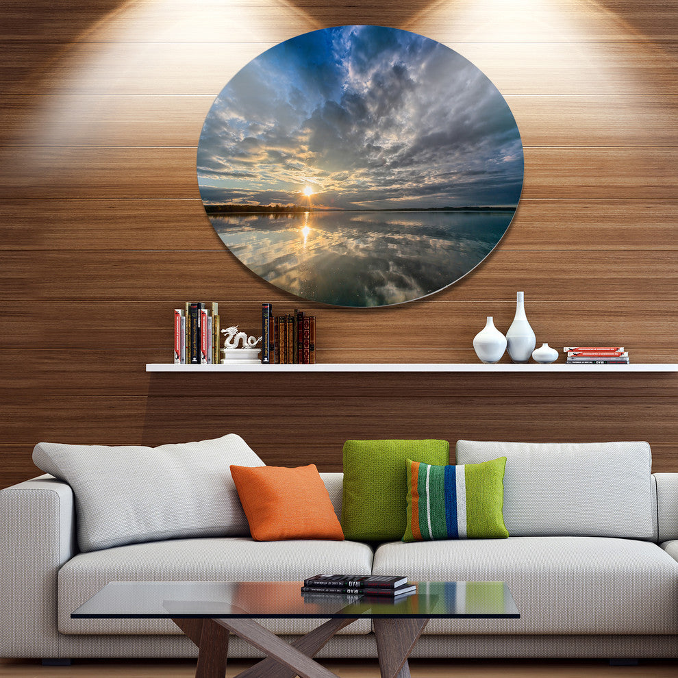 Sunset With Dramatic Sky And Sea, Seashore Round Metal Wall Art, 36"
