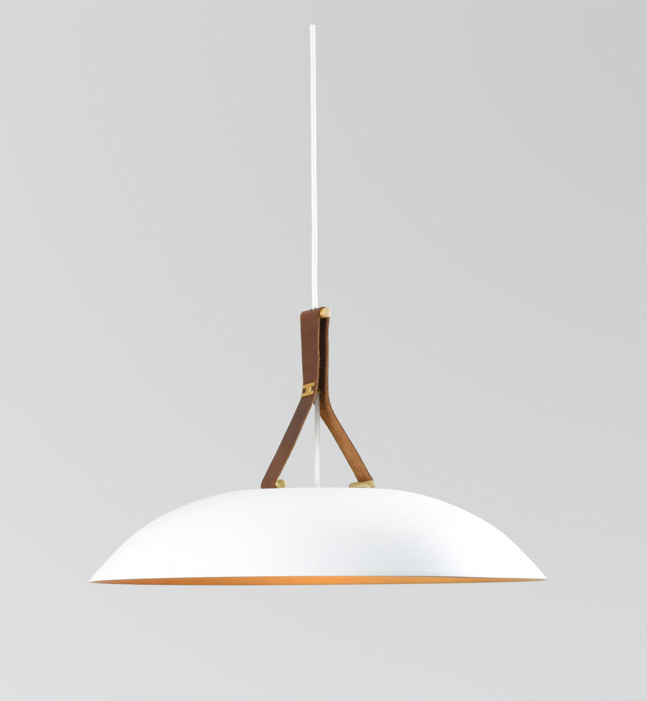 Volo LED Pendant, Cava - White Shade/Brushed Brass/Brown Leather/Walnut, 4000K