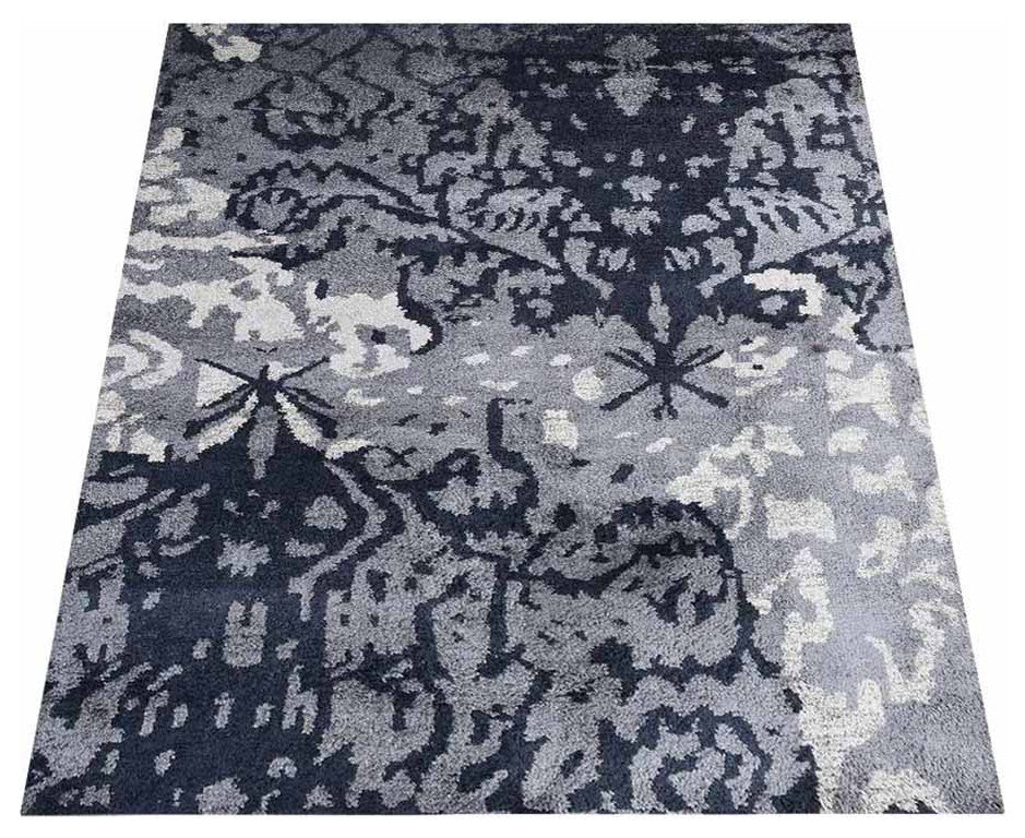 Hand Knotted Silk Area Rug Abstract Gray White
