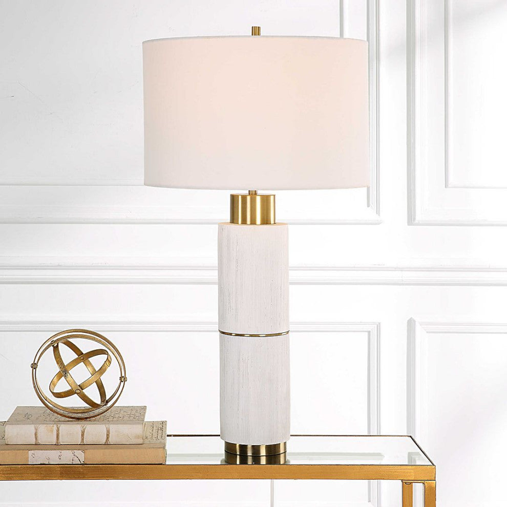 Textured White Faux Wood Column Table Lamp Cylinder Brass Gold MidCentury Modern