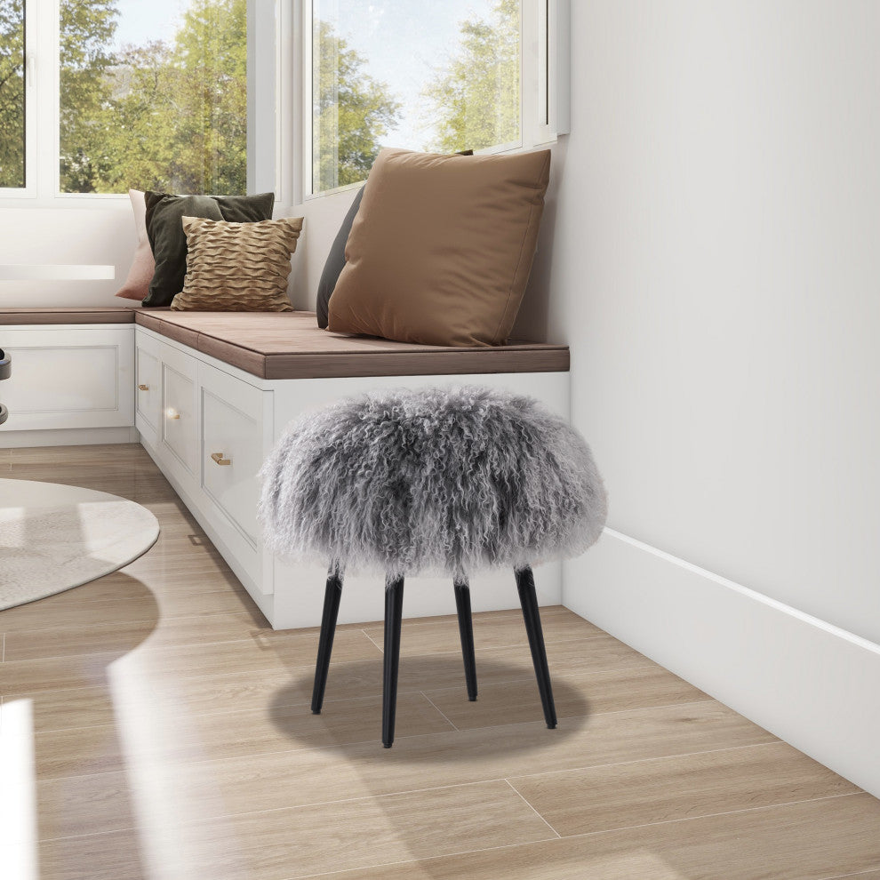 Alberta 16" Mongolian Sheepskin Genuine Fur Round Ottoman, Dimensional Gray