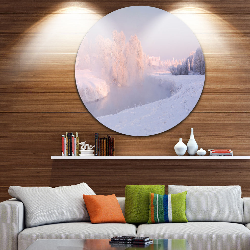 Frosty Winter Sunshine Panorama, Landscape Round Wall Art, 11"
