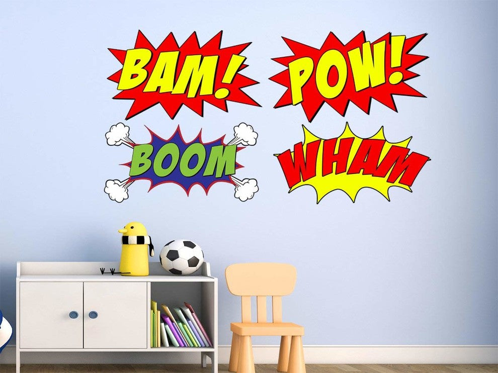 Comic Book Set Of 4 Wall Decal Comic Book Bam Pow Boom Wham Superhero, 10"H