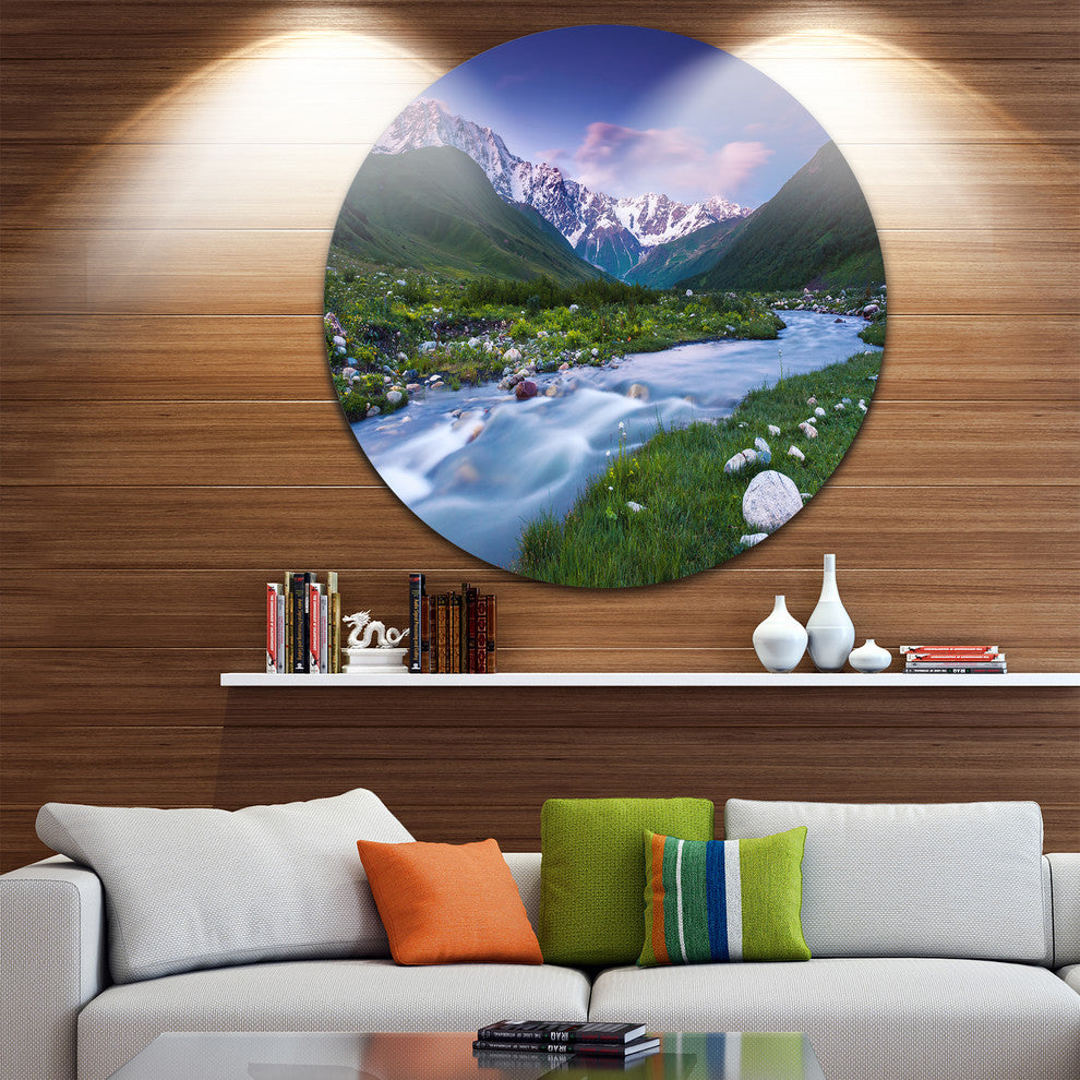 River In Caucasus Mountains, Landscape Photo Round Metal Wall Art, 11"