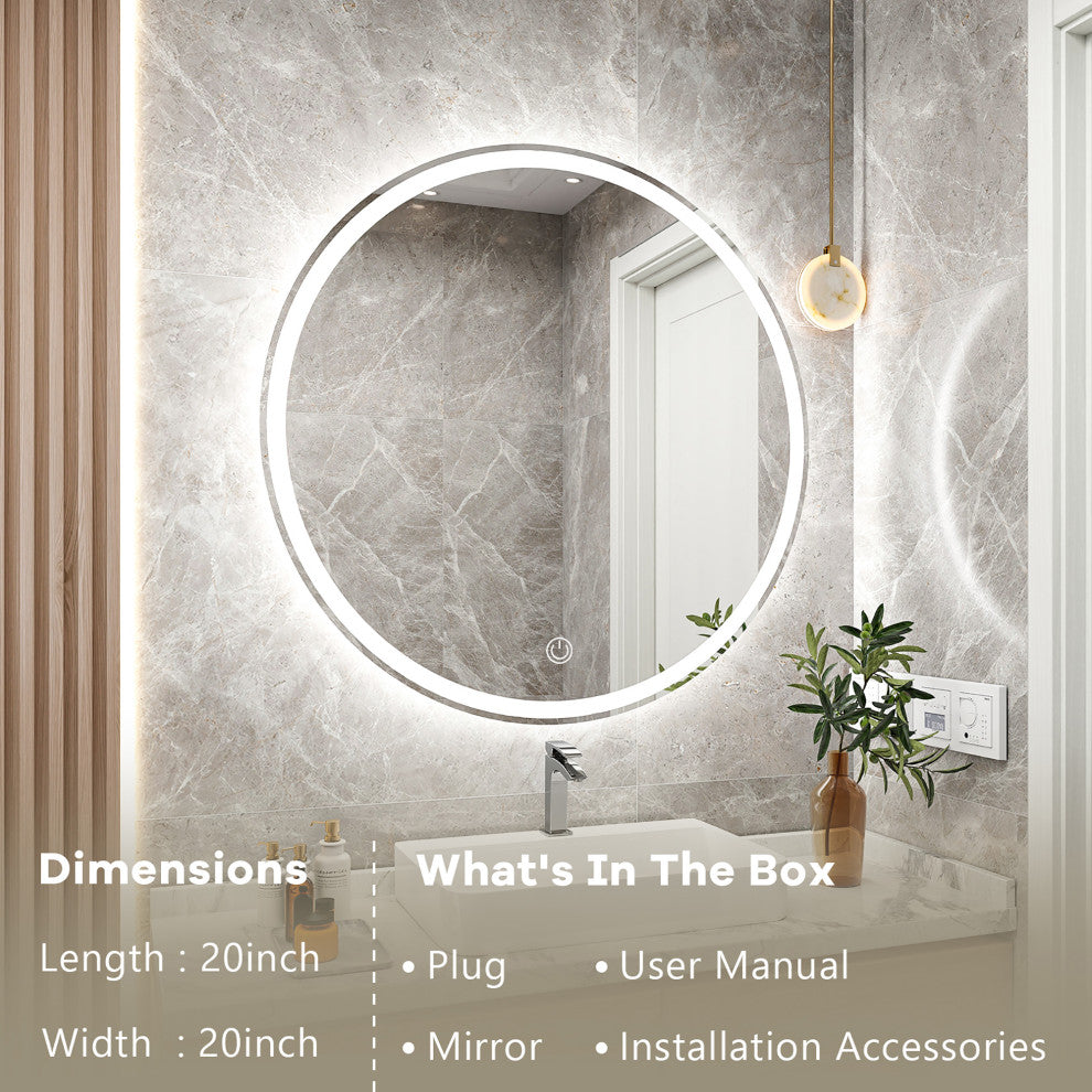 Round Frameless Dimmable Wall Mounted LED Bath Vanity Mirror, 20" X 20"