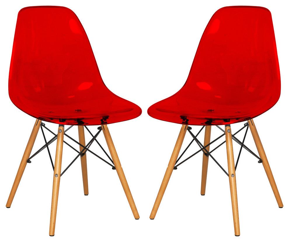 Dover Molded Dinin Side Chair, Wood Dowel Eiffel Base, Set of 2, Transparent Red