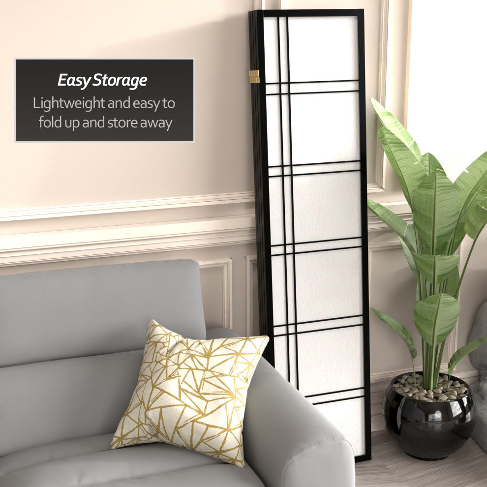 6' Tall Double Cross Shoji Screen, Black, 4 Panels