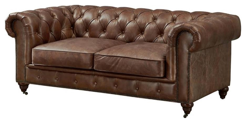 Century Top Grain Leather Chesterfield Love Seat, Bark Brown Leather