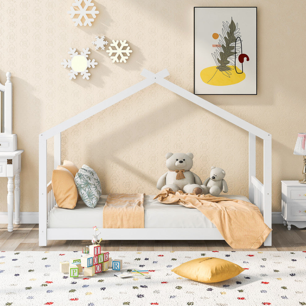 Gewnee Twin Size House Platform Bed with Headboard and Footboard in White