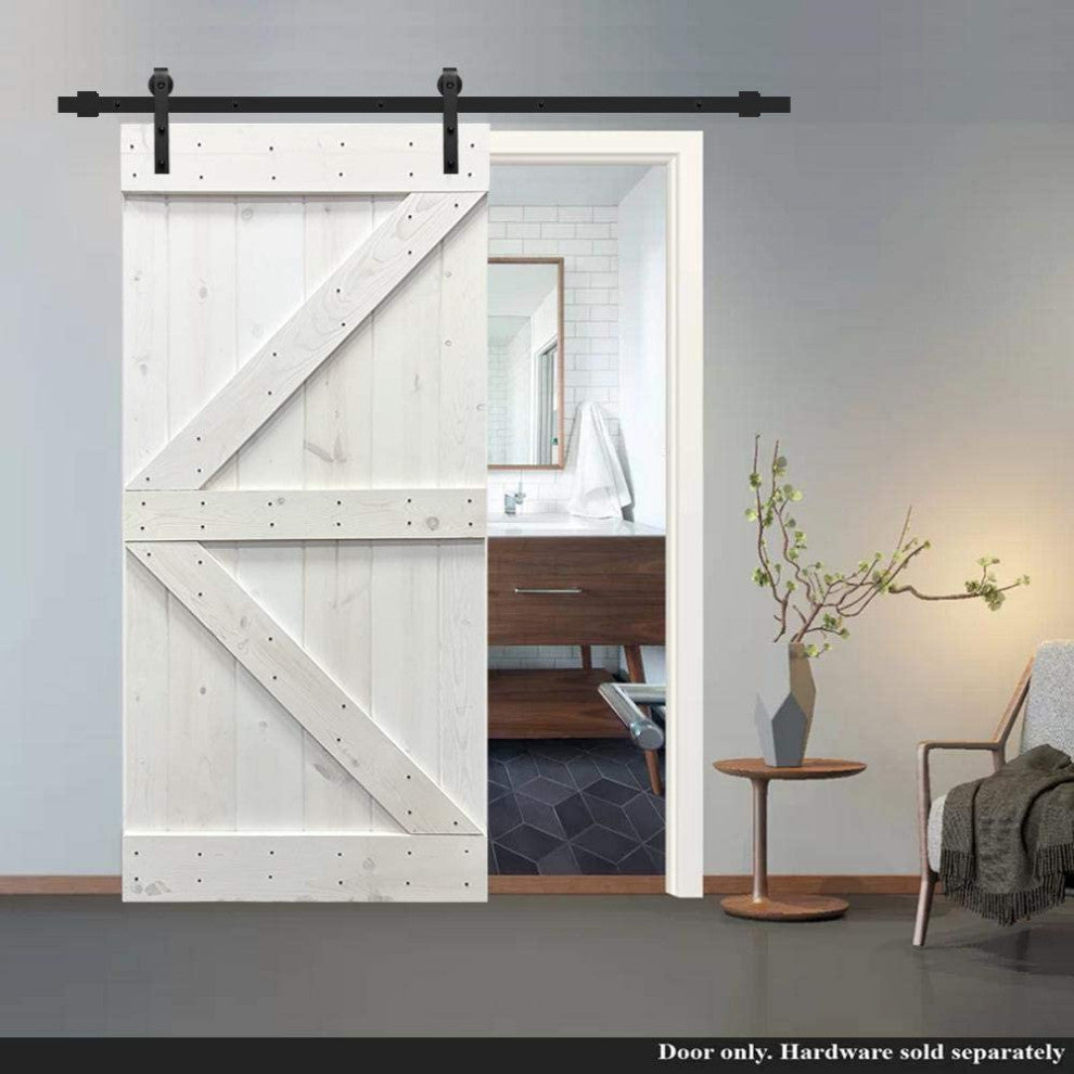 Stained Solid Pine Wood Sliding Barn Door, White, 36"x84", K Series