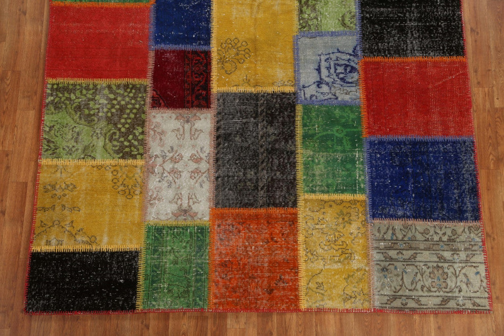 Multi-color Vintage Patchwork Turkish Area Rug Hand-tufted Wool Carpet 7x10