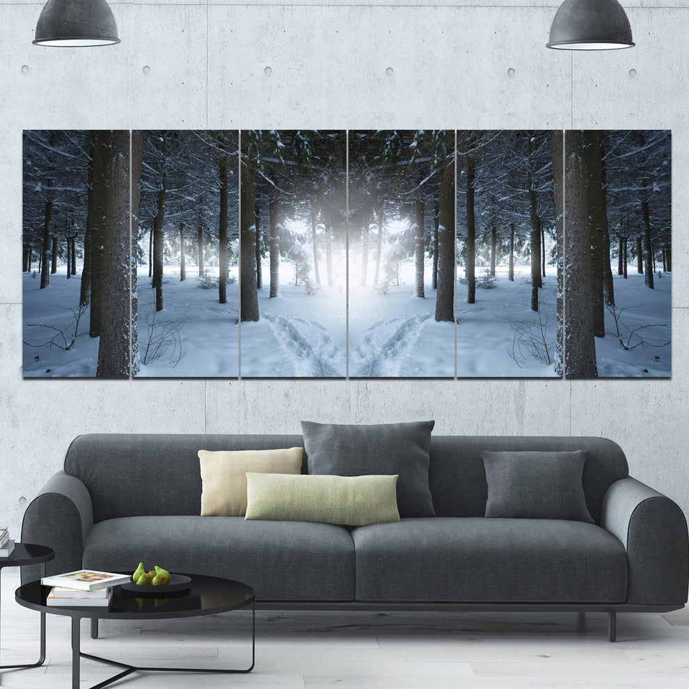 Winter Forest with Dark Woods, Landscape Canvas Art Print, 70"x28", 6 Panels