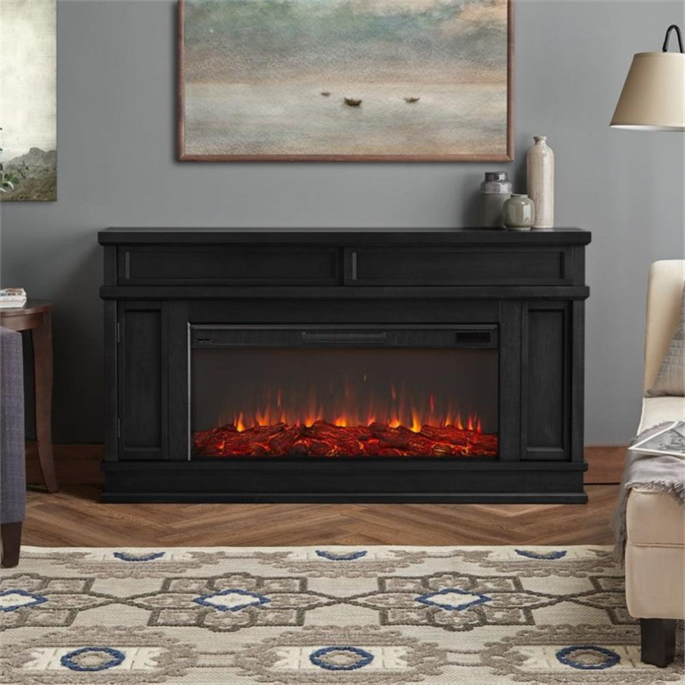 Bowery Hill 60.13" Solid Wood and Glass Electric Fireplace in Black