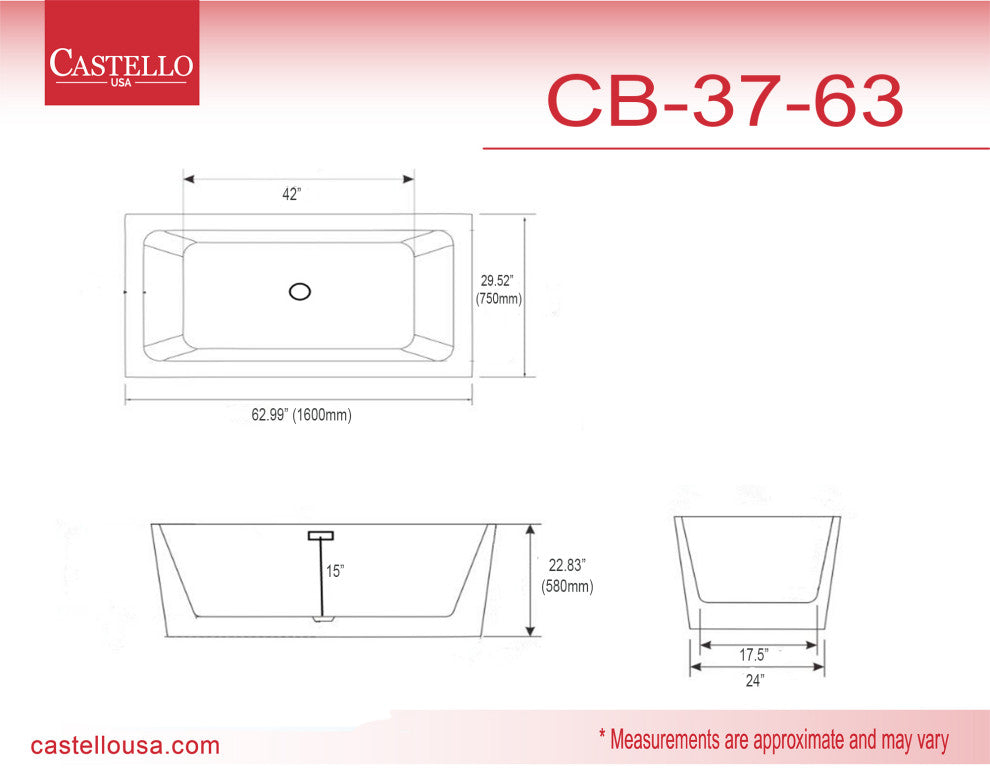 CastelloUSA Sophia Modern Freestanding Acrylic Bathtub, White, 63"