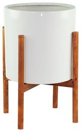 Large Ceramic Planter Pot Cylinder Planter 13" White With Plant Stand Walnut