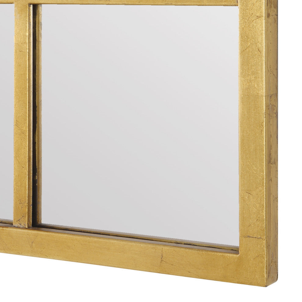 44 Inch Wood Wall Mirror, Arched Windowpane Shape, Antique Gold