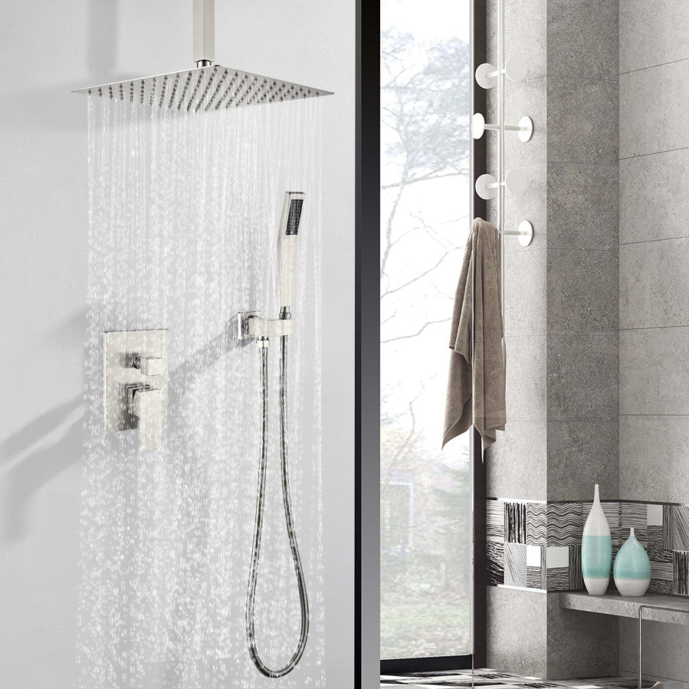 Wellfor Shower Faucet, 12" Ceiling Rain Shower Head With Handheld Combo Set, Brushed Nickel