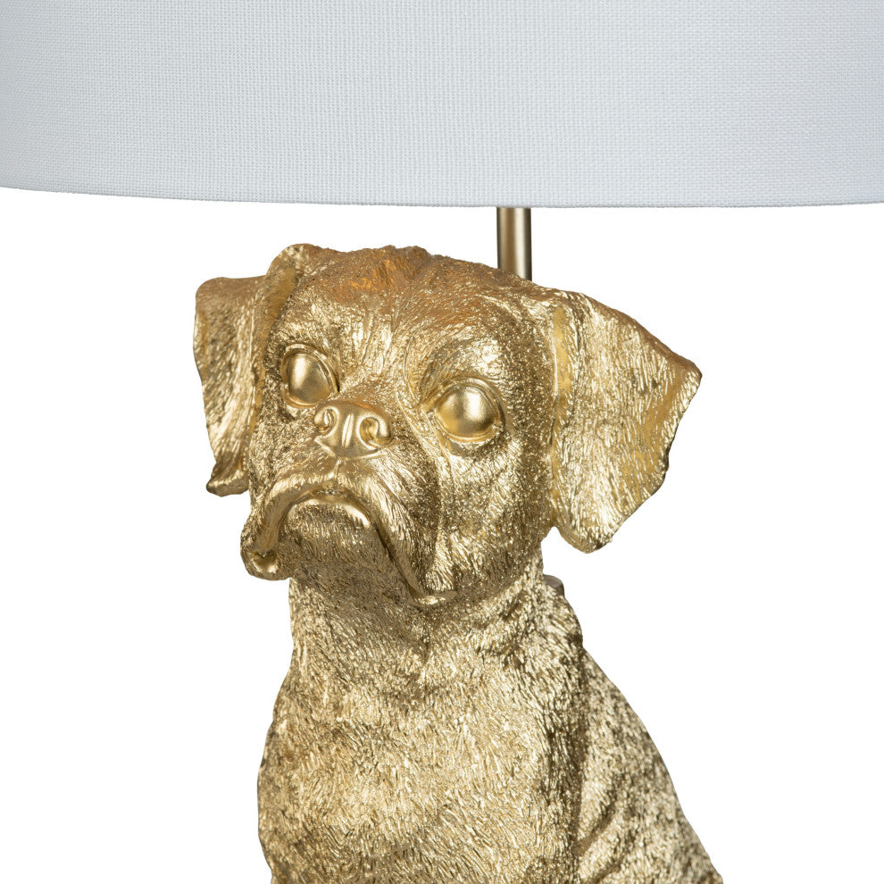 23" Gold Resin Boxer Dog Table Lamp With White Drum Shade