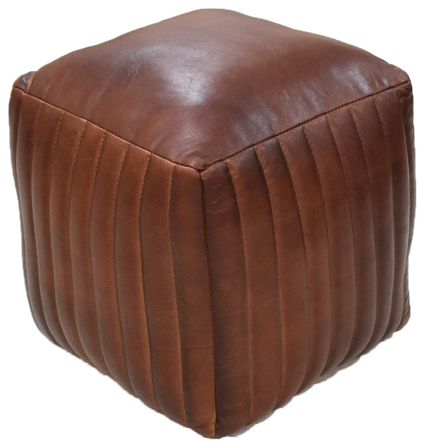 Poufs-Solid Handmade Goat Leather Pouf, Recycled Cotton Fill, Brown, Square [16x16x16]