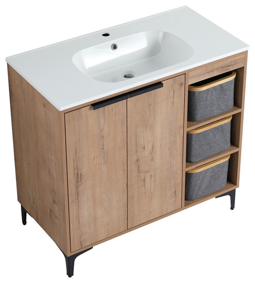 Single Vanity, Neutral Finish With Solid Surface Resin White Sink, 36"