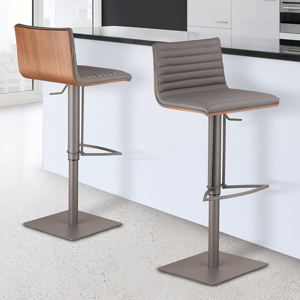 Mid Century Modern Bar Stool, Armless Channel Tufted PU Leather Seat, Grey