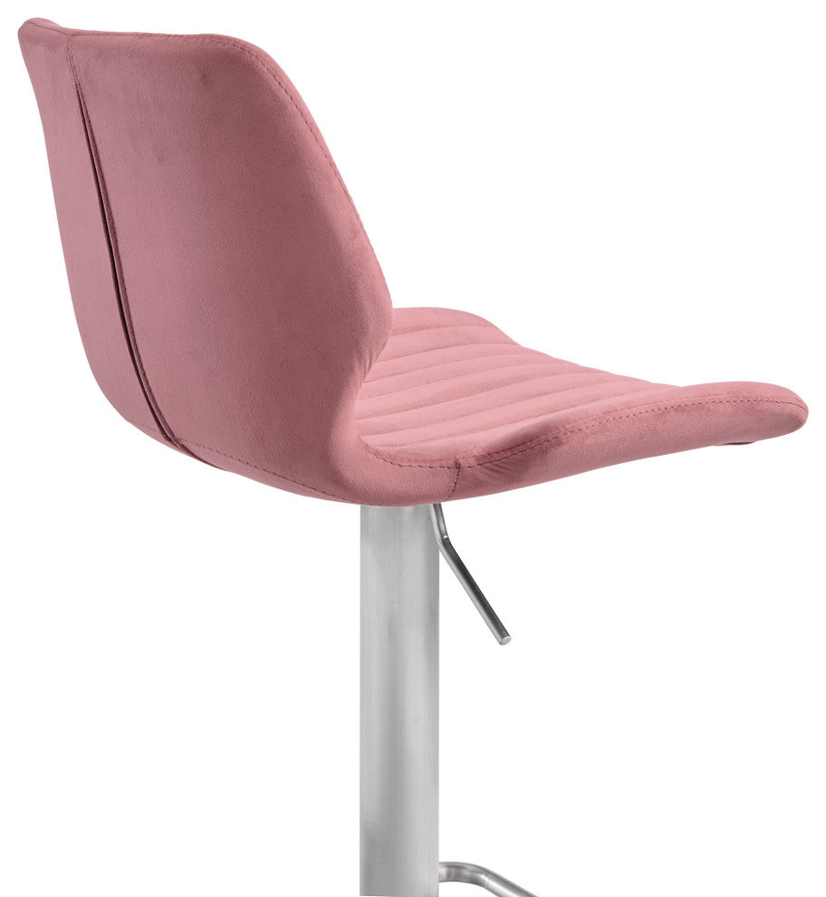Rose Pink Velvet and Chrome Channel Adjustable Swivel Bar Stool