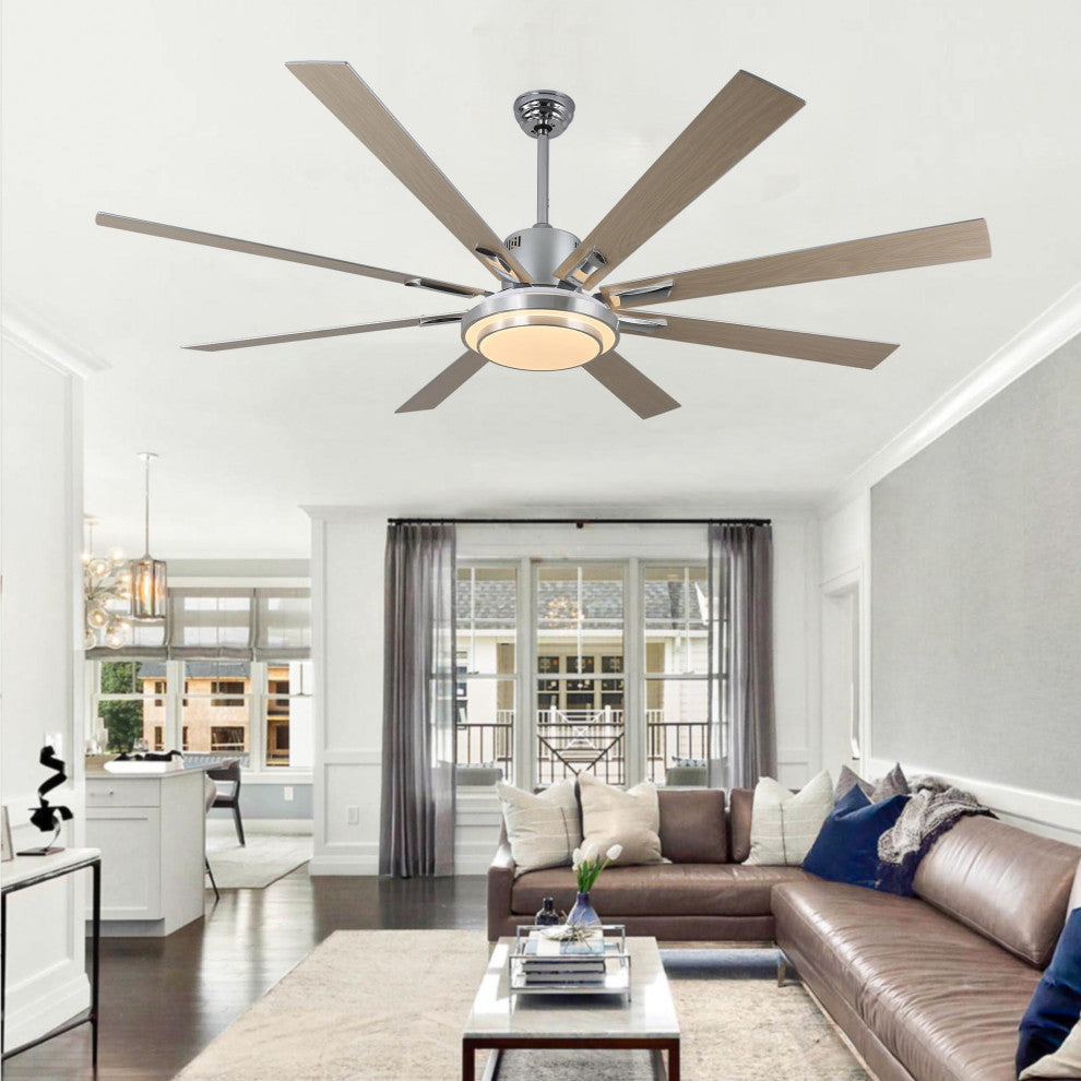72" Modern Ceiling Fan with Reversible Blades, Dimmable Light and Remote, Chrome, 72"