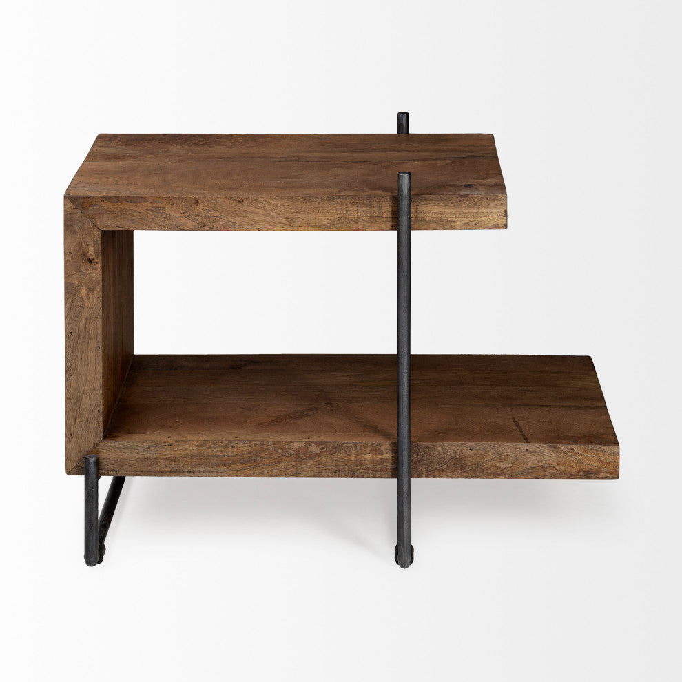 Maddox Medium Brown Solid Wood w/Black Metal Two-Tier Side Table