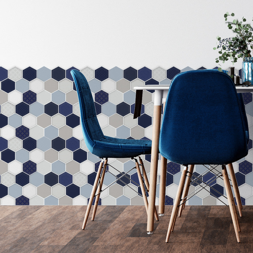 12"x6" Honey Hexa Blue and Cream Glossy 3D Tile Stickers, Set of 12