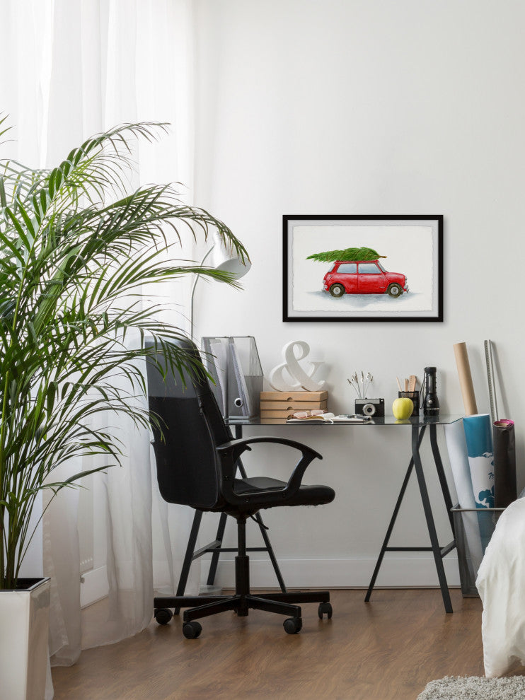 "Red Car With Green Pine" Framed Painting Print, 12x8