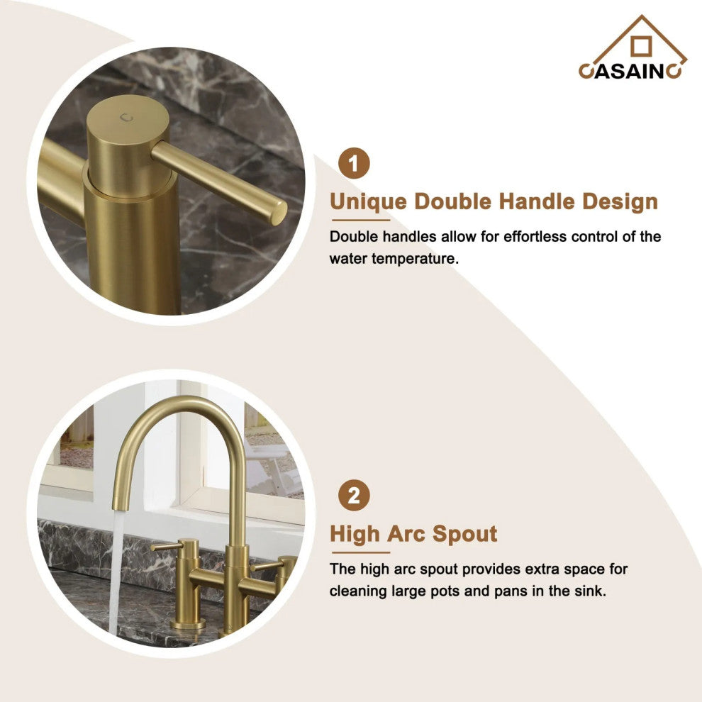 CASAINC Bridge Kitchen Faucet Double Handle with Side Sprayer 3 Color, Brushed Gold
