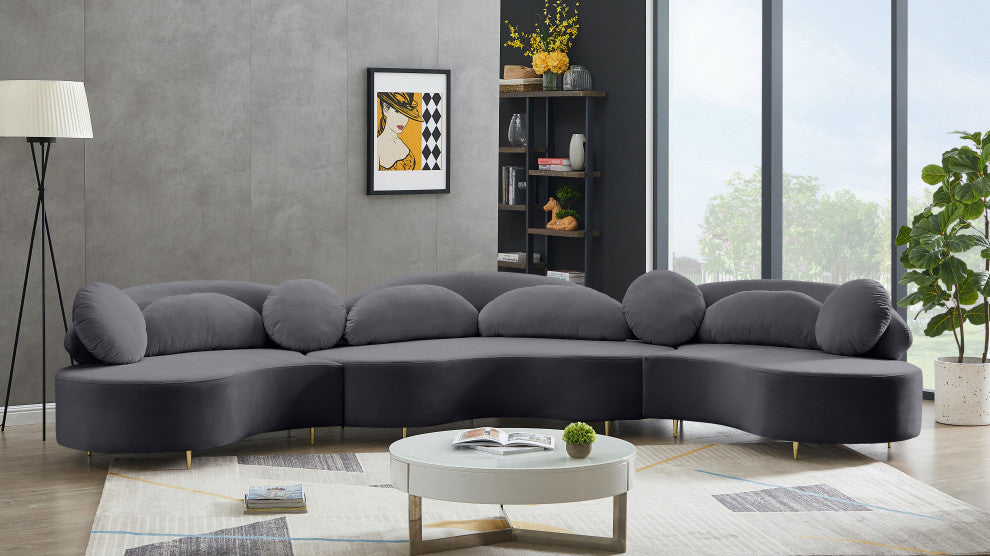 Vivacious Velvet Upholstered 3-Piece Sectional, Gray