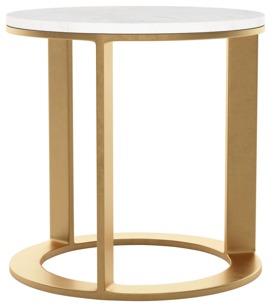 Sofa Side Table, Round, Artificial Marble, Aluminum Metal, White, Gold, Lounge