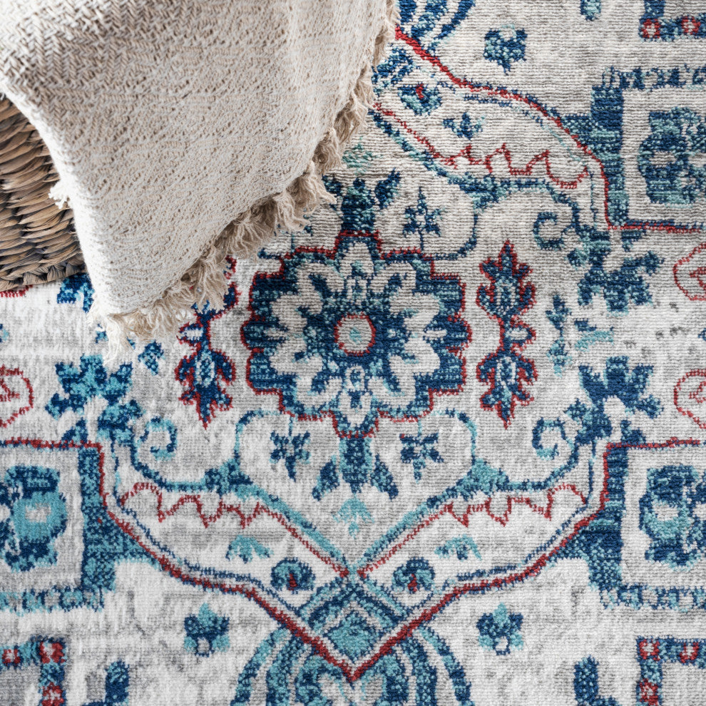 Modern Persian Vintage Medallion Light Grey/Blue 5' Square Area Rug