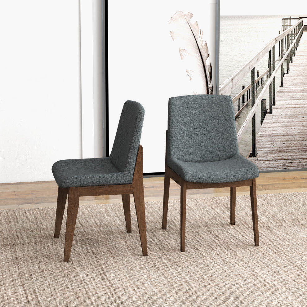 Ohio Midcentury Solid Wood Upholstered Dining Chair, Set of 2, Dark Grey