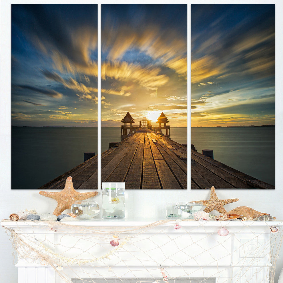 "Wooden Bridge Under Dramatic Sky" Sea PierMetal Wall Art, 3 Panels, 36"x28"