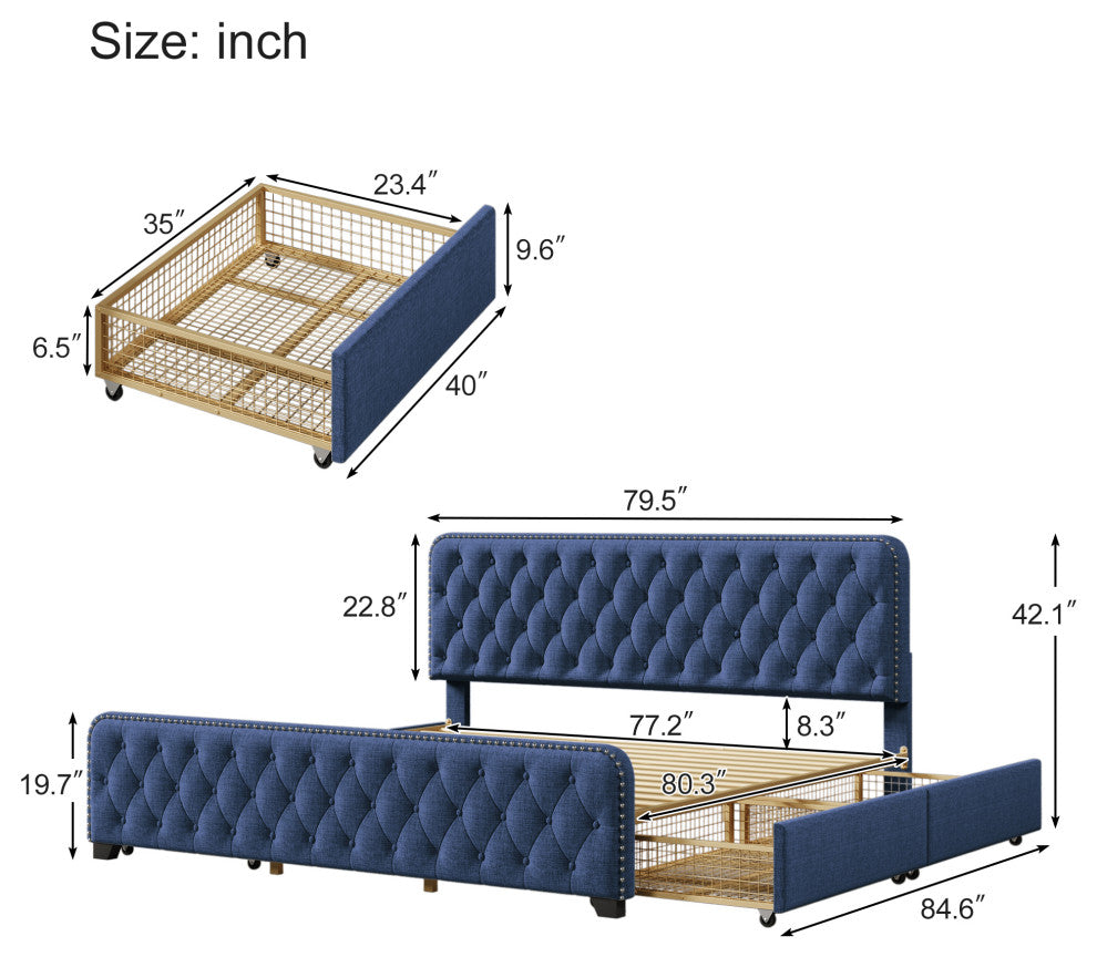 Metal Platform Bed with Headboard, Upholstered and 4-Drawer, Blue, 84.6" X 79.5"