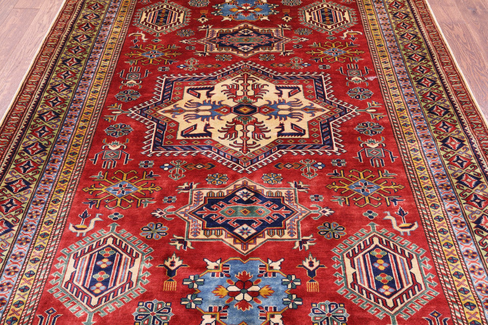 Hand Knotted Geometric Super Kazak Rug 5' 10" X 7' 6" Q10626