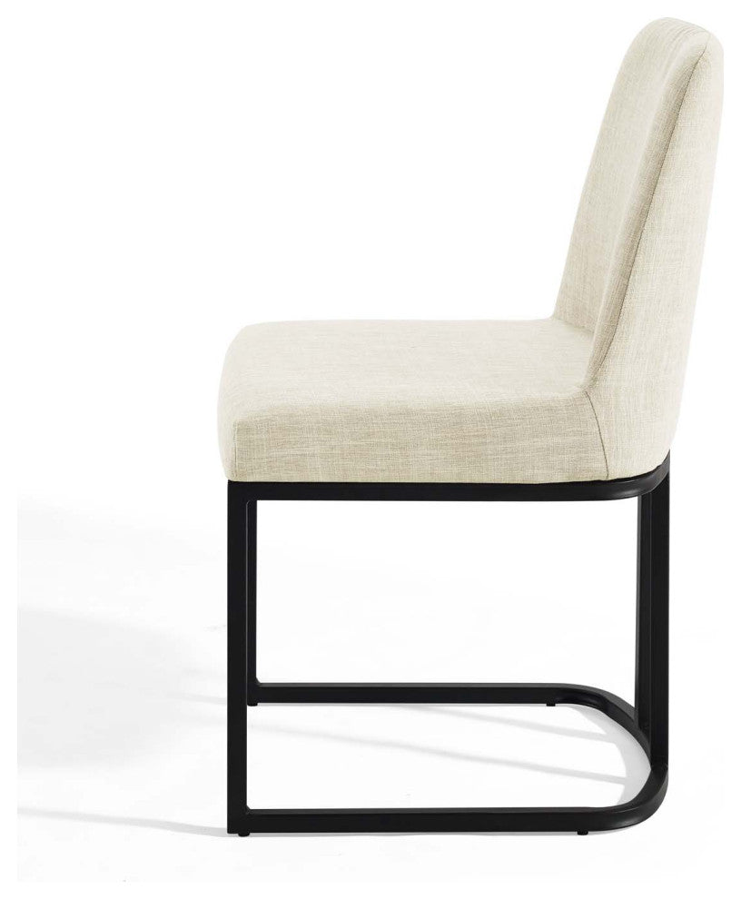 Side Dining Chair, Fabric, Metal, Black Beige, Modern, Cafe Bistro Restaurant