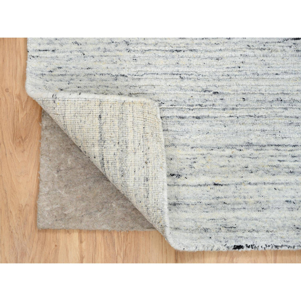 Ivory Soft Wool Hand Loomed Plain Modern Striped Design Square Rug, 6'0"x6'0"