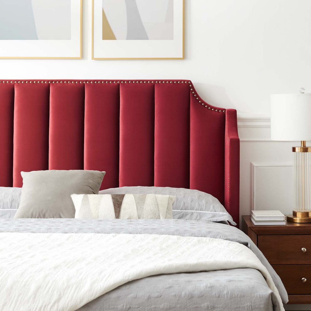 Platform Bed Frame, Queen Size, Velvet, Red, Modern Contemporary, Bedroom Master