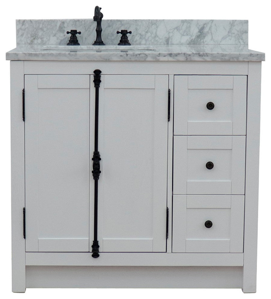 37" Vanity, Glacier Ash With White Carrara Top, Left Doors/Left Rectangle Sink