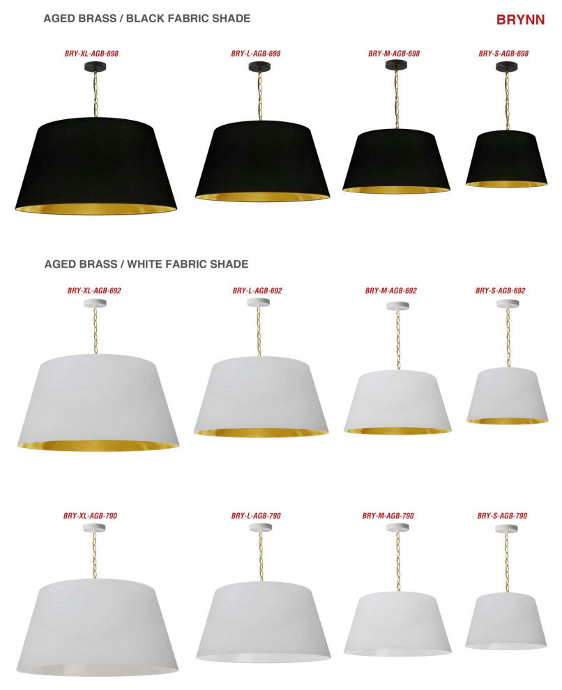 1 Light Brynn LG Pendant, White/Gold Shade, Aged Brass