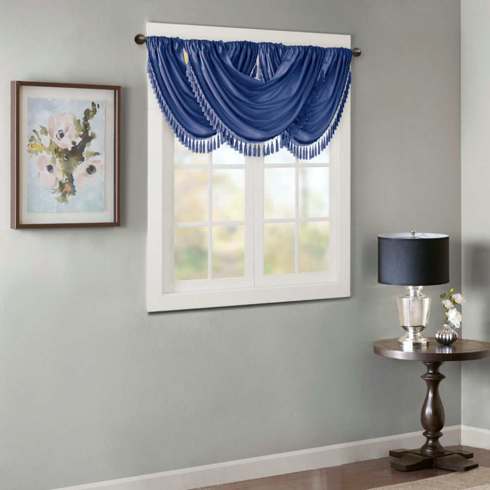 Madison Park Elena Faux Silk Waterfall Tassels Valance, Navy Blue