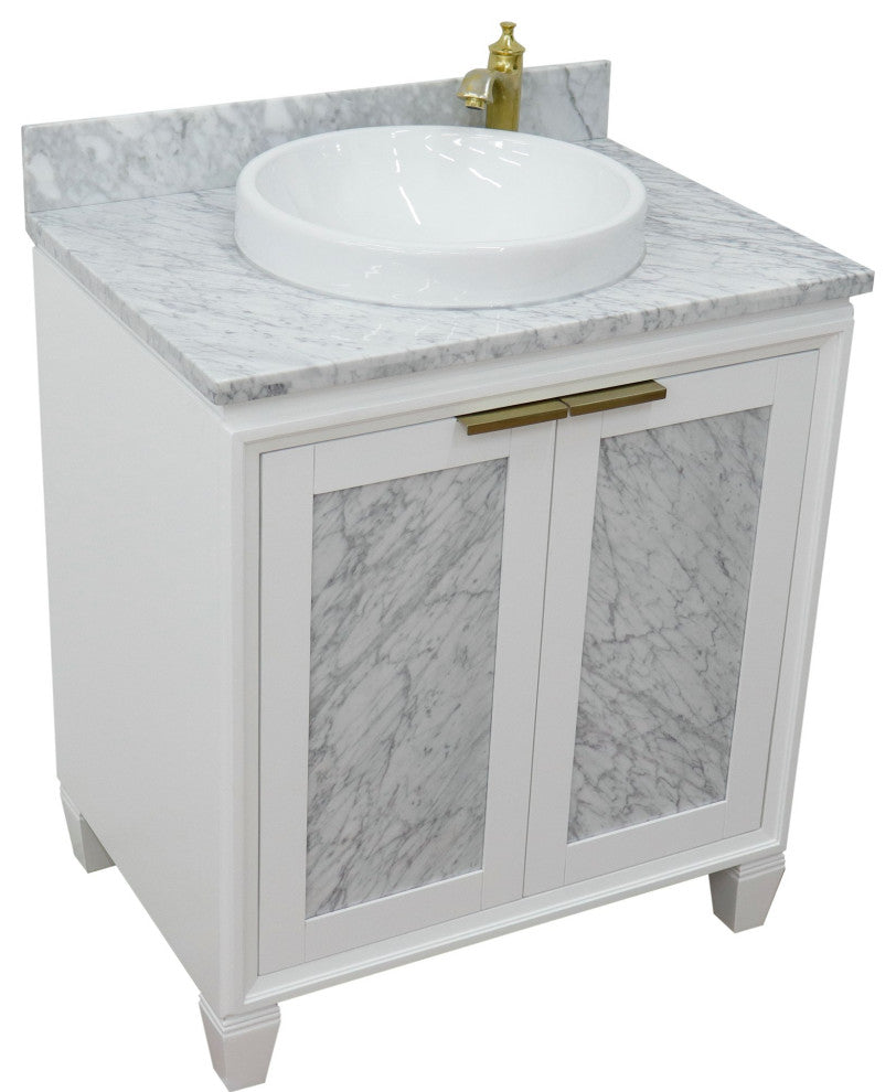 31" Single Sink Vanity, White Finish With White Carrara Marble With Round Sink