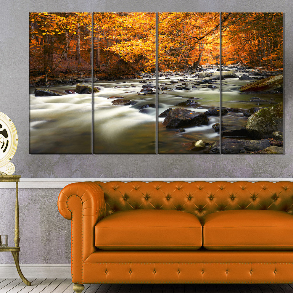 Autumn Terrai With Trees and River, Landscape Canvas Print, 48"x28", 4 Panels