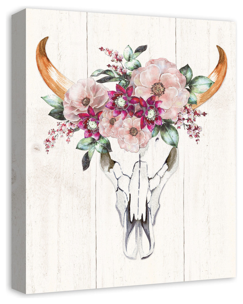 Cow Skull with Flowers Print on Canvas