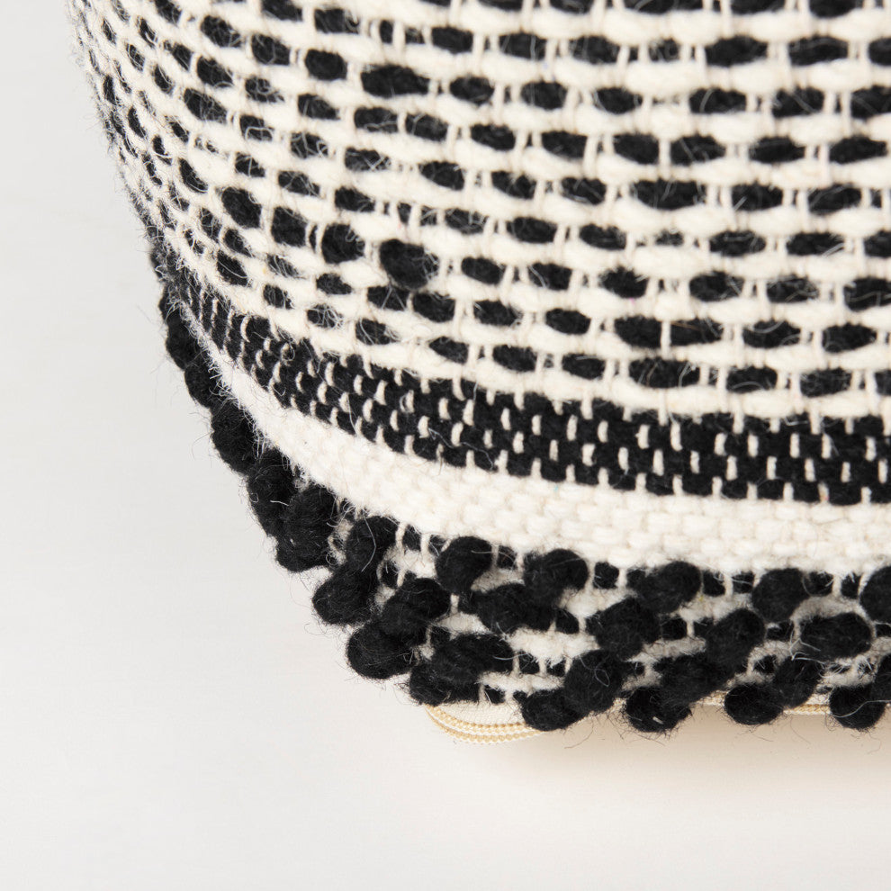 Garima 22Lx22Wx14H Black/White Wool and Cotton Patterned Pouf